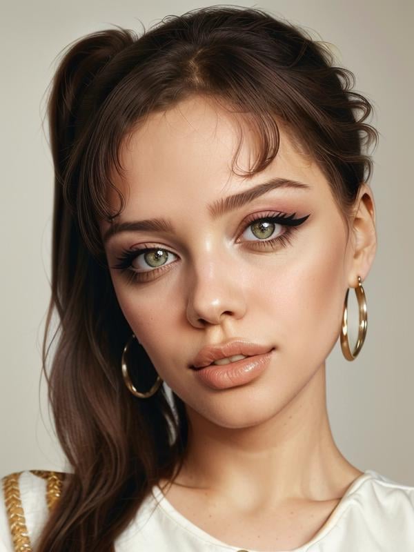gquality, <lora:malena-10:1> malena, 1girl, solo, looking at viewer, ponytail, earrings, parted lips, teeth, portrait, realistic, head tilt, makeup, eyeliner, shirt