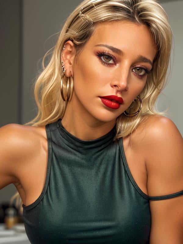 gquality, <lora:sol:1> sol, 1girl, solo, looking at viewer, black hair, blonde hair, two-tone hair, earrings, bare shoulders, realistic, upper body, hoop earrings, makeup, green shirt, red lips, lipstick, eyelashes