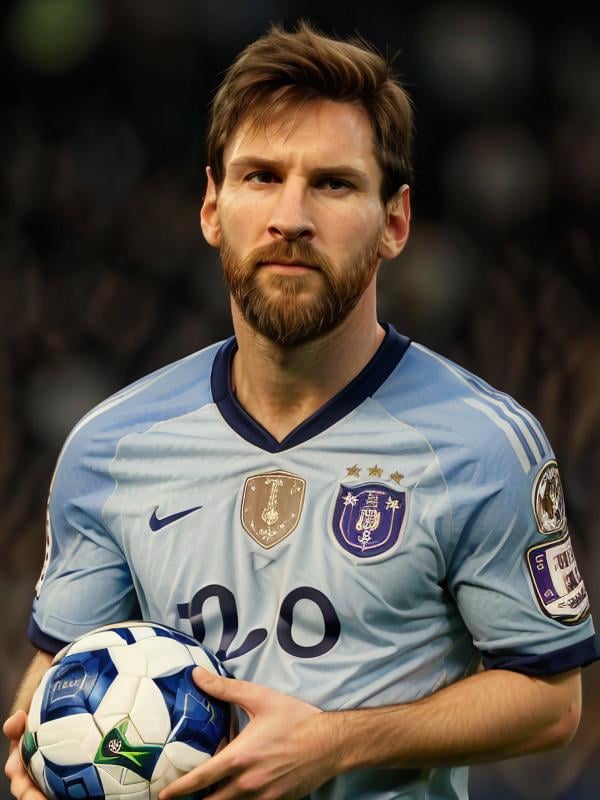 gquality, <lora:leo-10:1> leo, solo, looking at viewer, shirt, 1boy, male focus, holding a soccer ball, stadium, facial hair, beard, realistic