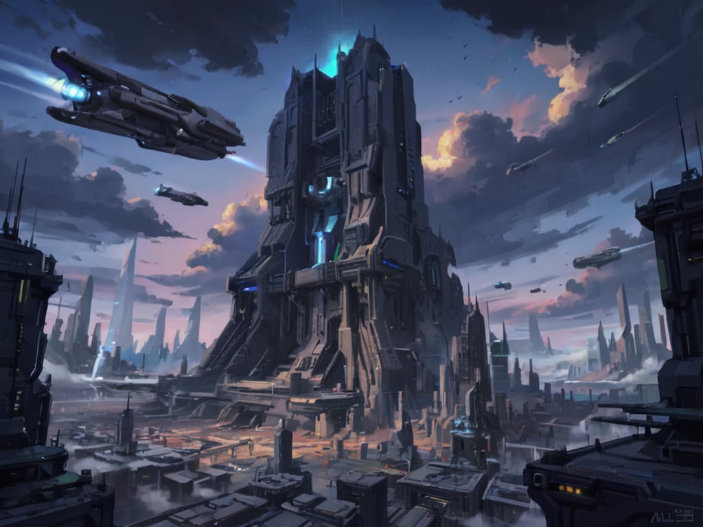 <lora:science fiction:0.7>science fiction,outdoors,sky,cloud,no humans,cloudy sky,building,scenery,city,aircraft,cityscape,spacecraft