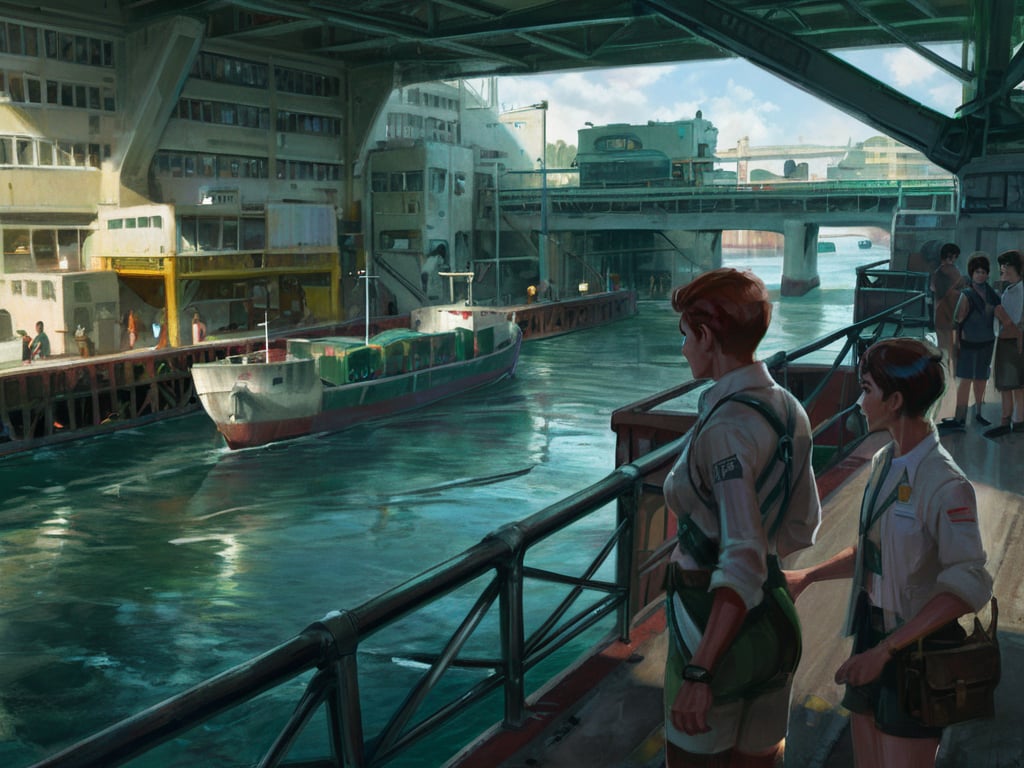 <lora:science fiction:0.7>science fiction,short hair,multiple girls,brown hair,black hair,2girls,multiple boys,3boys,scenery,4boys,aircraft,railing,watercraft,bridge,ship,boat