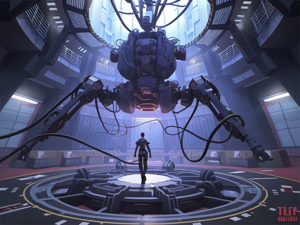 <lora:science fiction:0.7>science fiction,1girl,solo,1boy,standing,from behind,helmet,robot,scenery,1other,machinery,cable