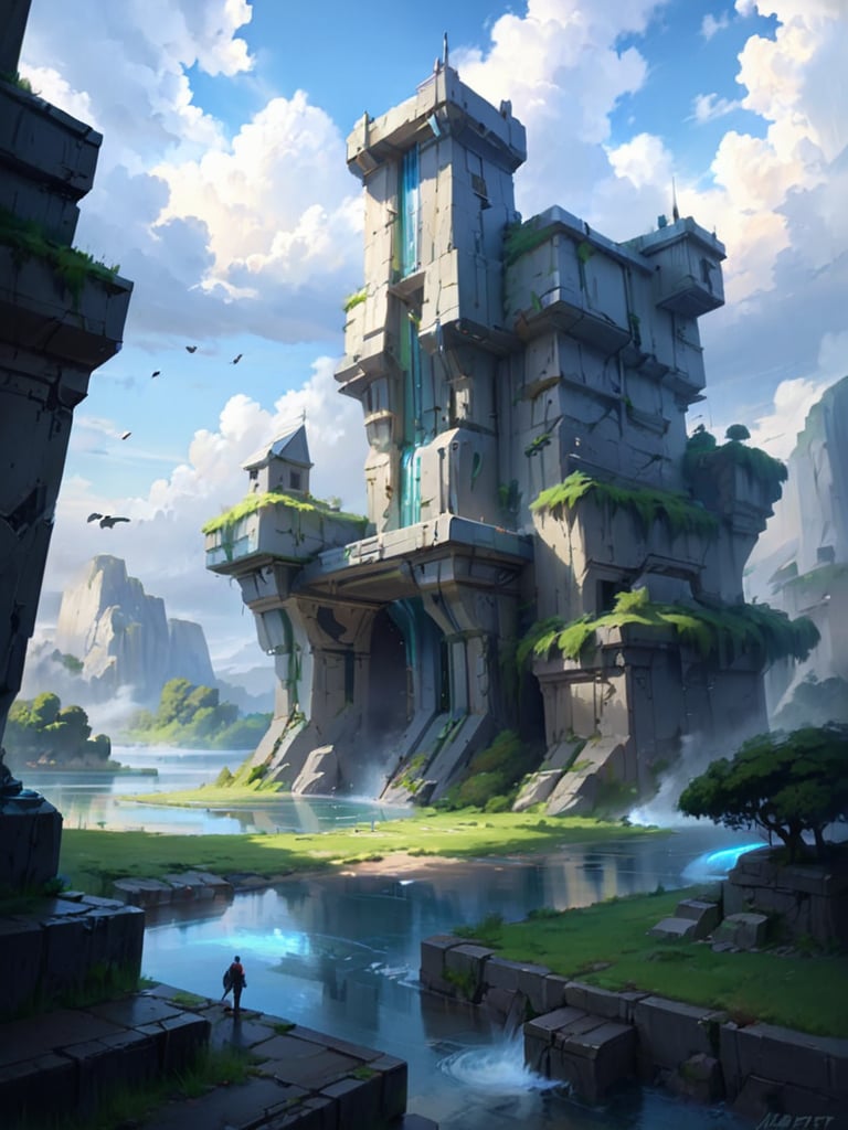 <lora:science fiction:0.7>science fiction,outdoors,sky,day,cloud,water,bird,grass,building,scenery,fantasy,waterfall,floating island