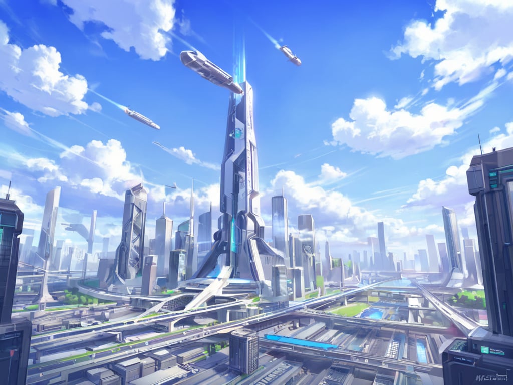 <lora:science fiction:0.7>science fiction,outdoors,sky,day,cloud,blue sky,no humans,building,scenery,city,aircraft,cityscape,skyscraper