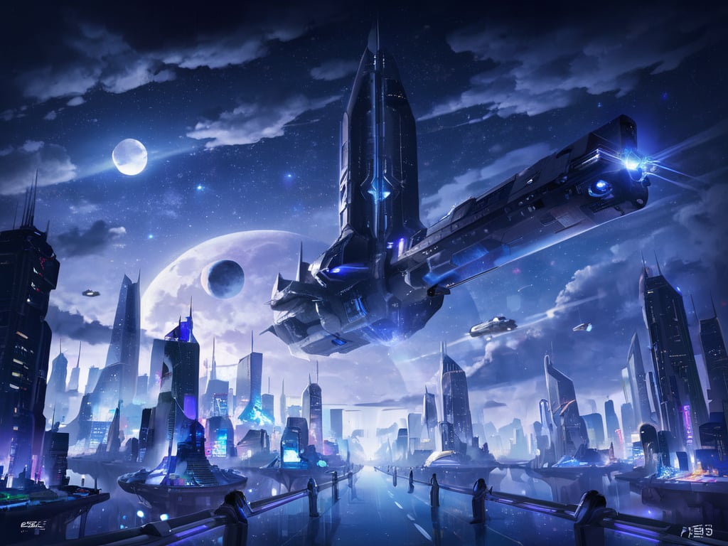 <lora:science fiction:0.7>science fiction,outdoors,sky,artist name,cloud,no humans,night,moon,cloudy sky,building,star (sky),night sky,scenery,starry sky,city,aircraft,fantasy,cityscape,planet,skyscraper,spacecraft,city lights