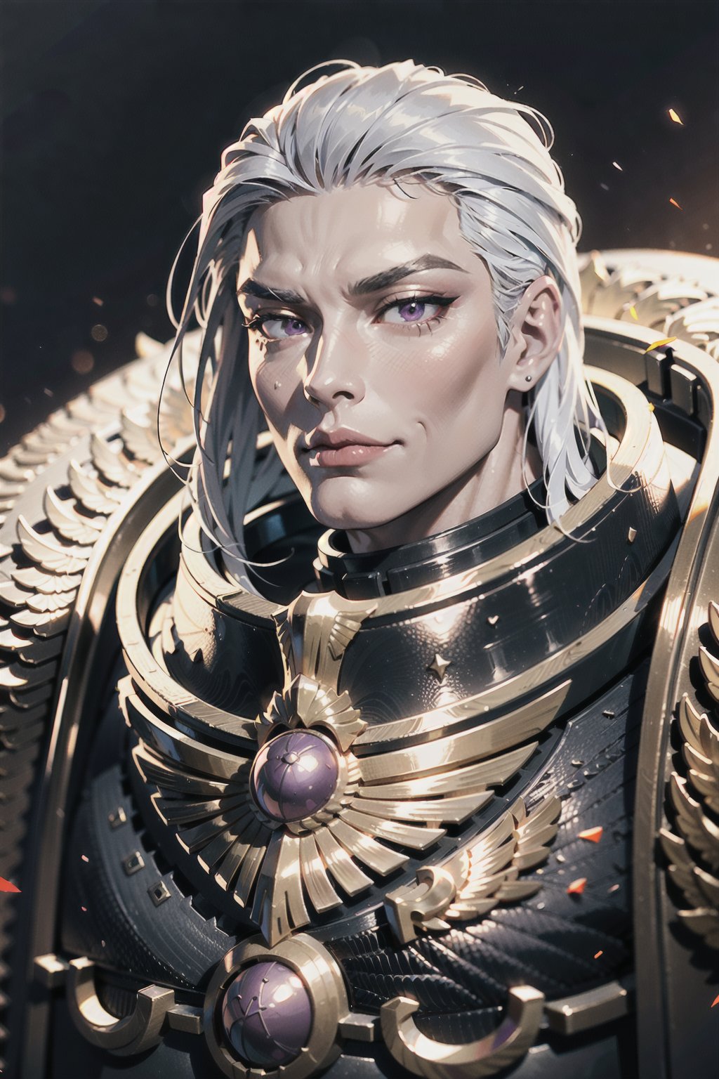 Photo of fulgrim, full armor, full metal armor, wearing intricate ornamented metal armor, smug face, very pretty face, flowing hair, fur trim, twink, solo, (male:1.2), epic, reflective metal, armor gold trimmings, bronze trimmings, violet eyes, tall stature, white hair, androgynous look, ((upper body:1.3)) focus, close-up, 