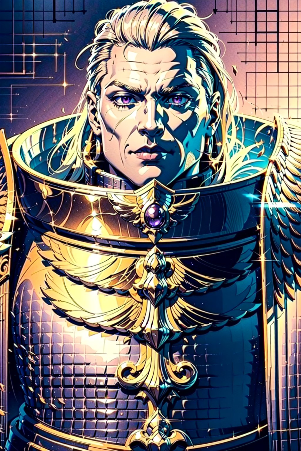 1boy,male,solo, long hair,full armor, full metal purple armor, wearing intricate ornamented metal armor, smug face, very pretty face, flowing hair, fur trim, twink, solo, (male:1.2), epic, reflective metal, armor gold trimmings, bronze trimmings, violet eyes, tall stature, white hair, androgynous look, ((upper body:1.3)) focus, close-up, ,Fulgrim,1guy,1girl