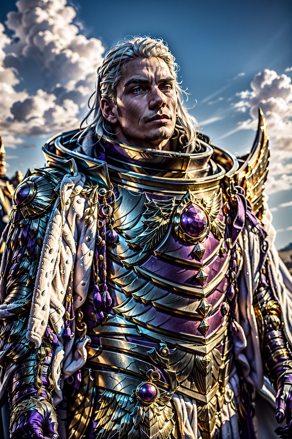 1boy,male,solo, long hair,full armor, full metal purple armor, wearing intricate ornamented metal armor, smug face, very pretty face, flowing hair, fur trim, twink, solo, (male:1.2), epic, reflective metal, armor gold trimmings, bronze trimmings, violet eyes, tall stature, white hair, androgynous look, ((upper body:1.3)) focus, close-up, ,Fulgrim,1guy,1girl