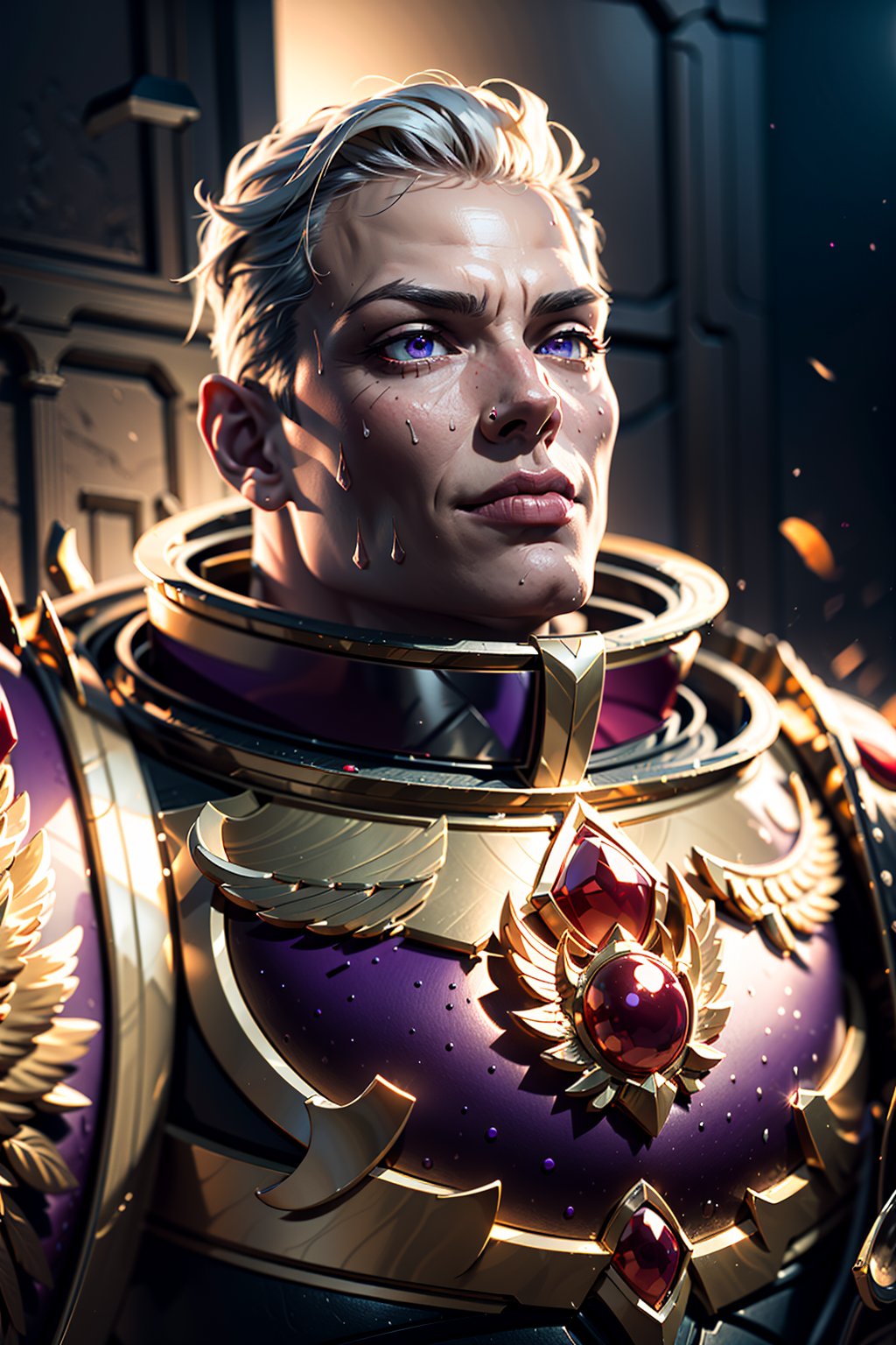 1boy,male,solo, detailed face, purple armor,detailed eyes,perfect eyes,perfect face, medium shot,, midriff, ,8k,absurd res,masterpiece, best quality, ,extremely detailed CG, beautiful detailed eyes, ,ultra-detailed, ,intricate details:1.2),better hands,smile,full_body,masterpiece, best quality, ultra-detailed,,  absurdres,  
 , sweaty .8k,hd,Fulgrim