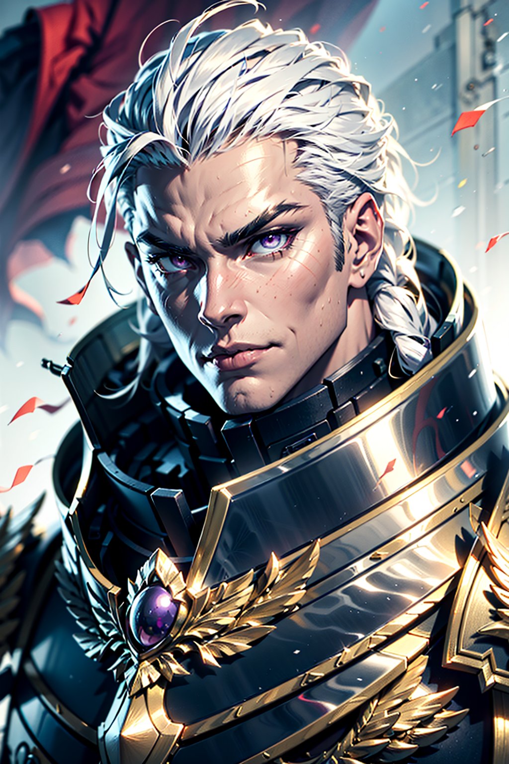 1boy,male,solo, long hair,full armor, full metal purple armor, wearing intricate ornamented metal armor, smug face, very pretty face, flowing hair, fur trim, twink, solo, (male:1.2), epic, reflective metal, armor gold trimmings, bronze trimmings, violet eyes, tall stature, white hair, androgynous look, ((upper body:1.3)) focus, close-up, ,Fulgrim,1guy,1girl