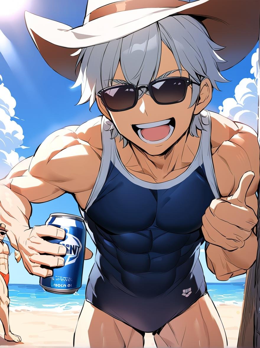 masterpiece, best quality, older man, mascular male, Fine macho, silver hair , 45yo, japanese, short cut, ARN75W, one-piece swimsuit,  sunglasses, cowboy hat, hold beer can, laughing, thumbs up, beach, blue sky, sunlight, cloud,  cowboy shot, <lora:sukumizu_ARN-75W_SDXL_V1:1> 