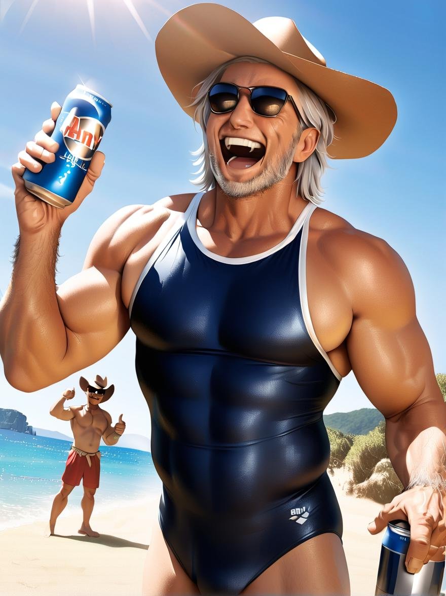 masterpiece, best quality, older man, mascular male, Fine macho, silver hair , 45yo, japanese, short cut, ARN75W, one-piece swimsuit,  sunglasses, cowboy hat, hold beer can, laughing, thumbs up, beach, blue sky, sunlight, cloud,  cowboy shot, realistic, <lora:sukumizu_ARN-75W_SDXL_V1:1> 