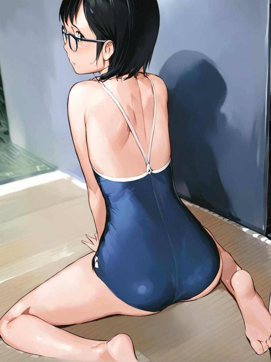 masterpiece, best quality, glasses,ARN-75W, blue one-piece swimsuit, 1girl, one-piece swimsuit, sitting, ass, short hair, wariza, black hair, looking back, from behind, barefoot<lora:sukumizu_ARN-75W_SDXL_V1:2> <lora:col_xl:1>