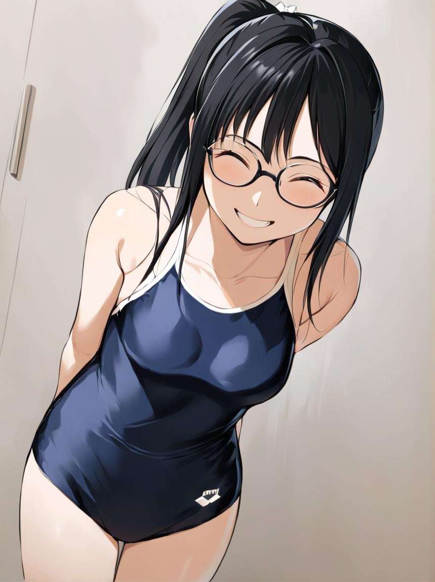 masterpiece, best quality, glasses,ARN75W, one-piece swimsuit, 1girl, solo, glasses, black hair, long hair, ponytail medium breasts, smile, laughing, looking at viewer, standing, simple background, grey background,<lora:sukumizu_ARN-75W_SDXL_V1:2> <lora:col_xl:0.6>