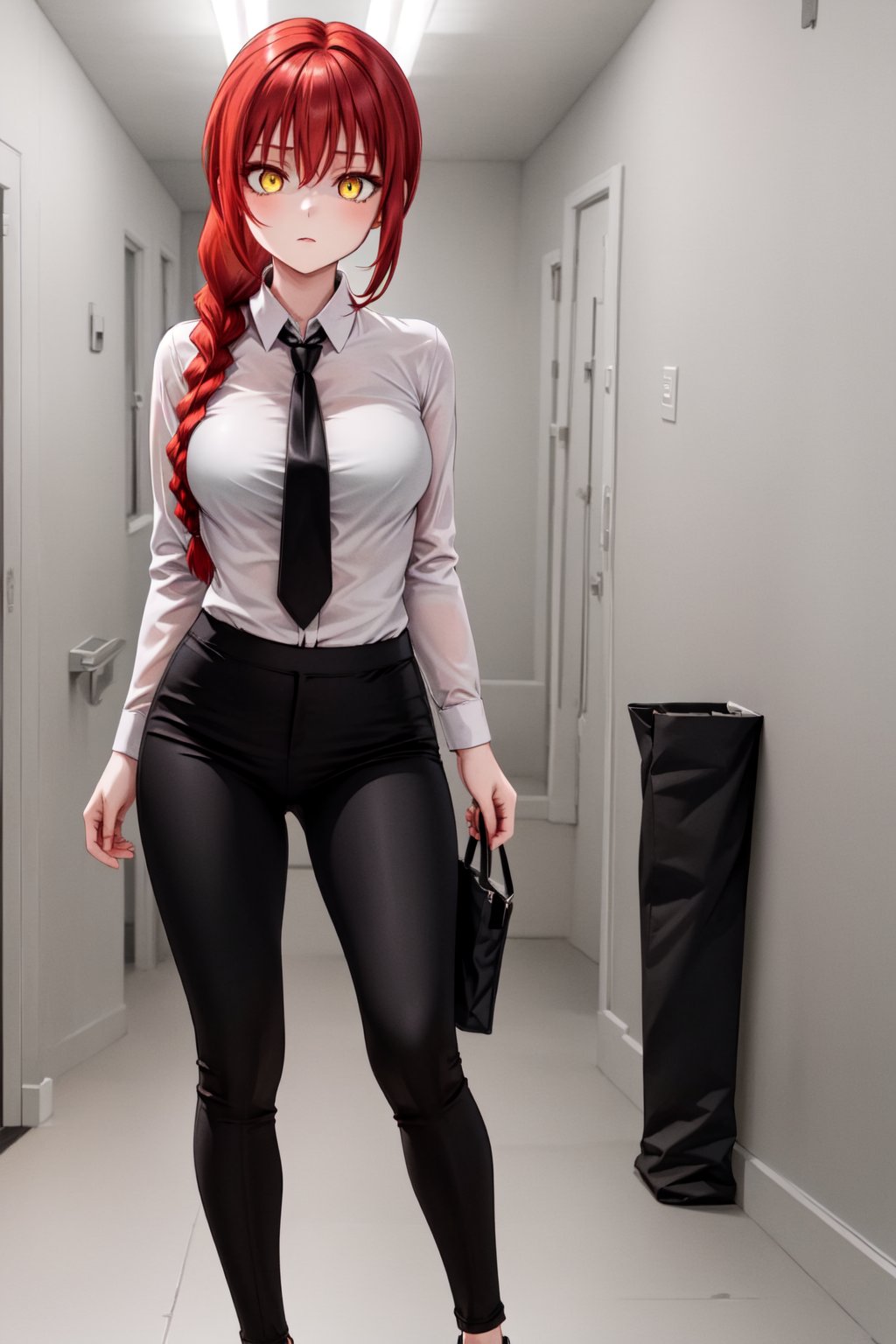 Makima, red hair, long hair, braided ponytail, yellow eyes, breasts, White shirt, black necktie, black pants, shoes, alone, a hallway in the background