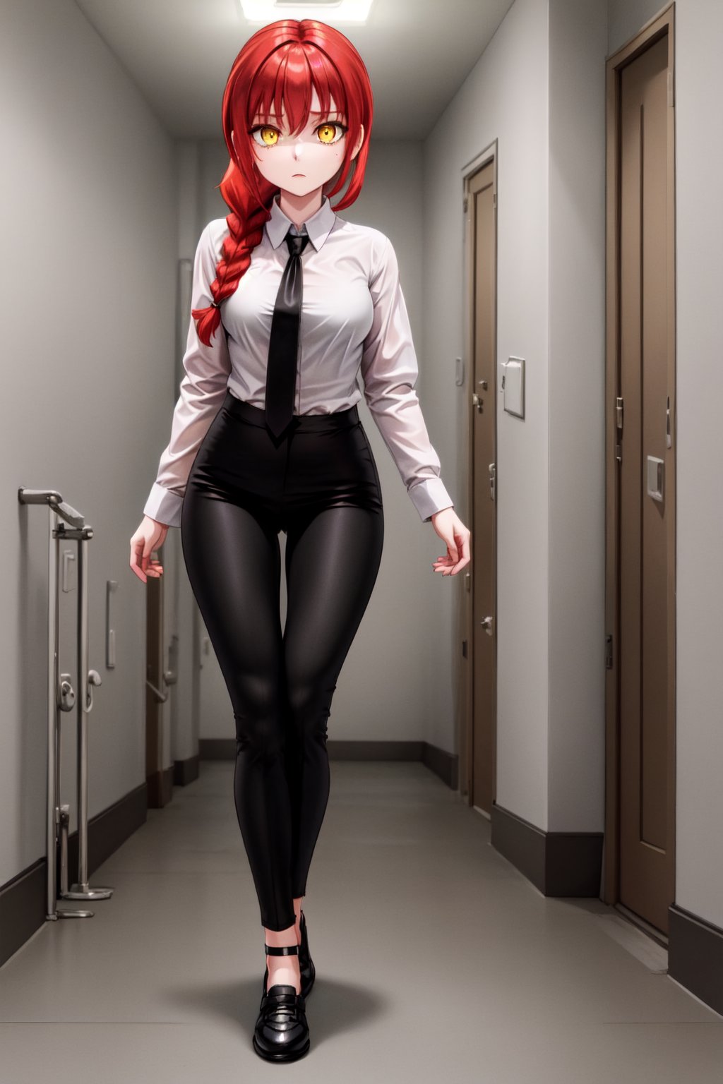 Makima, 30 years old, red hair, long hair, braided ponytail, yellow eyes, breasts, White shirt, black necktie, black pants, shoes, alone, a hallway in the background