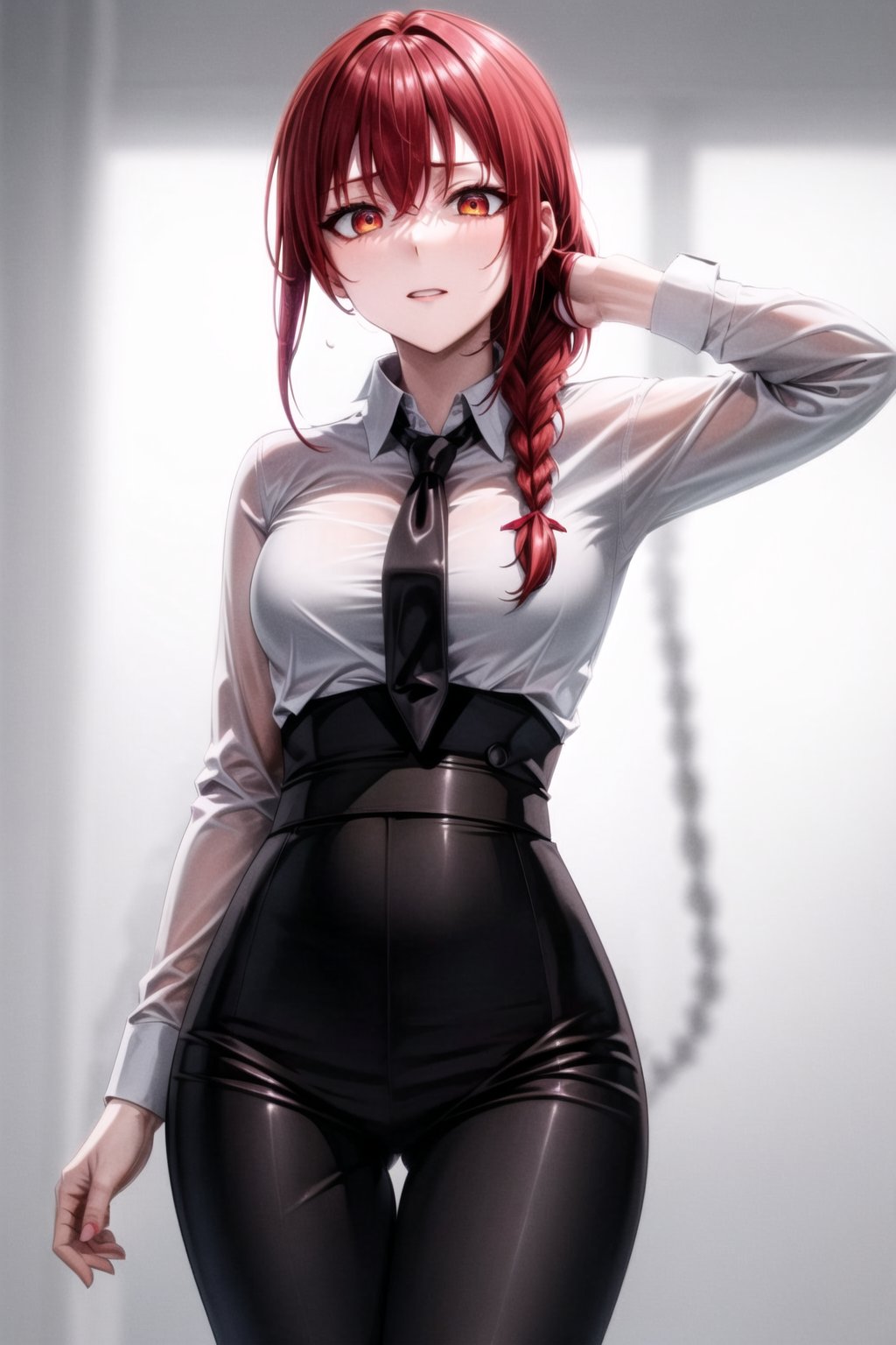 score_9, score_8_up, score_7_up, score_6_up, score_5_up, score_4_up, BREAK, source_anime,makima_v1, 1girl, red hair, ringed eyes, braided ponytail, solo, black necktie, shirt, collared shirt,black_pants