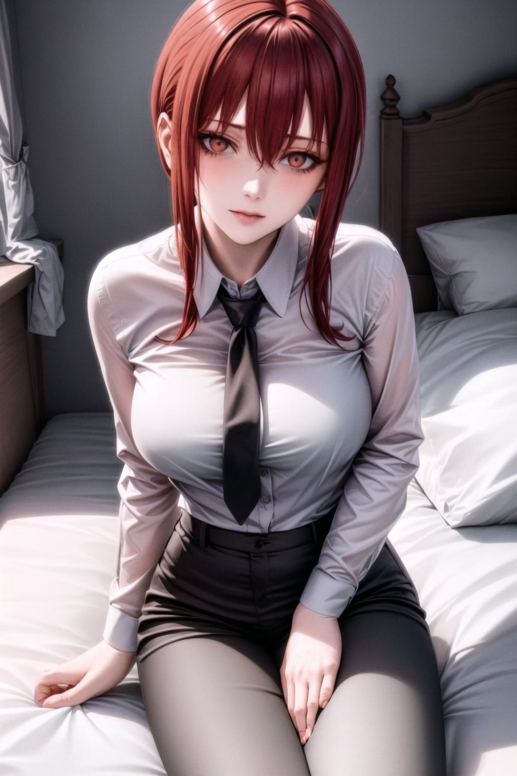 1girl, room, bed, shirt, tie, black trousers, Full HD, sexy pose, good detail ,makima \(chainsaw man\)