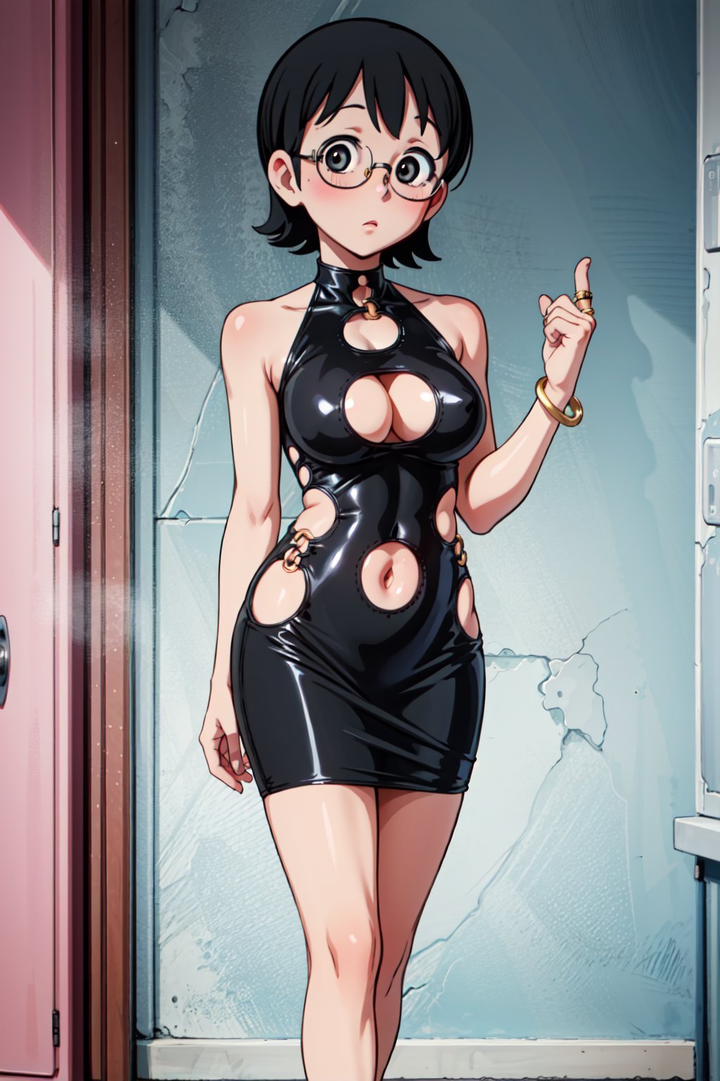 (1girl, solo, 38yo,  Tamako_nobi, mature woman, short hair, black hair, (glasses), black eyes,large breasts,(bodyconc,pink dress, bare shoulders, o-ring, navel cutout), standing, looking at viewer),