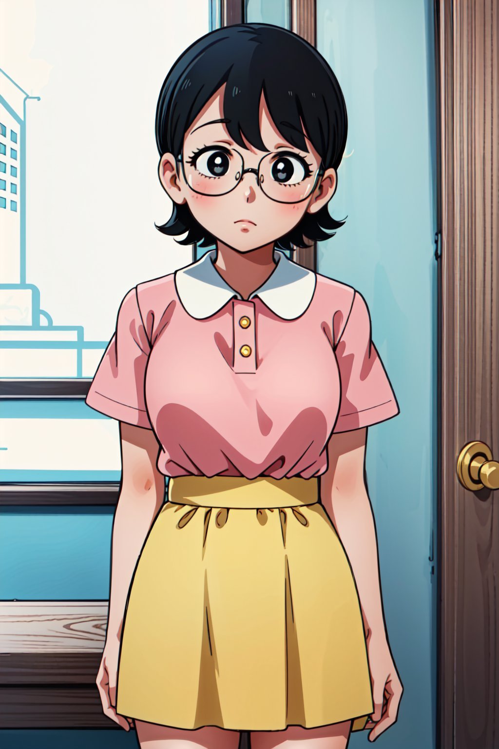 (1girl, solo, 38yo,  Tamako_nobi, mature woman, short hair, black hair, empty eyes, no pupils, glasses, black eyes, pink shirt, short sleeves, (yellow skirt), standing, looking at viewer),