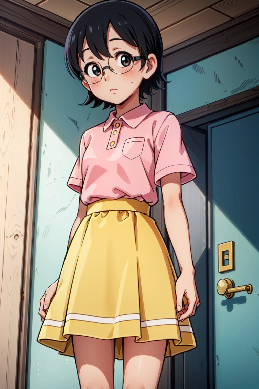 (1girl, solo, Tamako_nobi, short hair, black hair, glasses, black eyes, pink shirt, short sleeves, (yellow skirt), standing, looking at viewer)