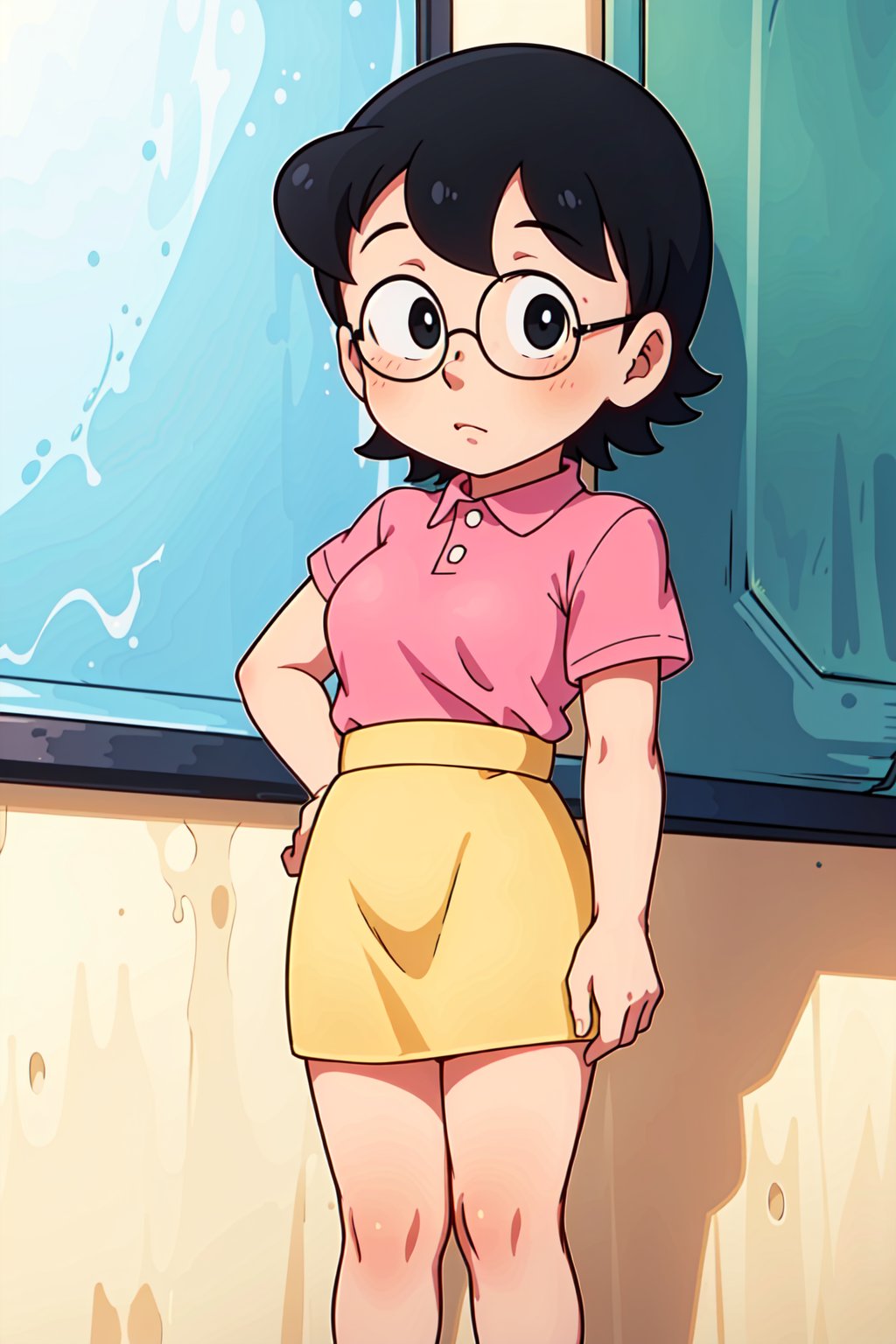 (1girl, solo, Tamako_nobi, mature woman, short hair, black hair, glasses, black eyes, pink shirt, short sleeves, (yellow skirt), standing, looking at viewer),cartoon