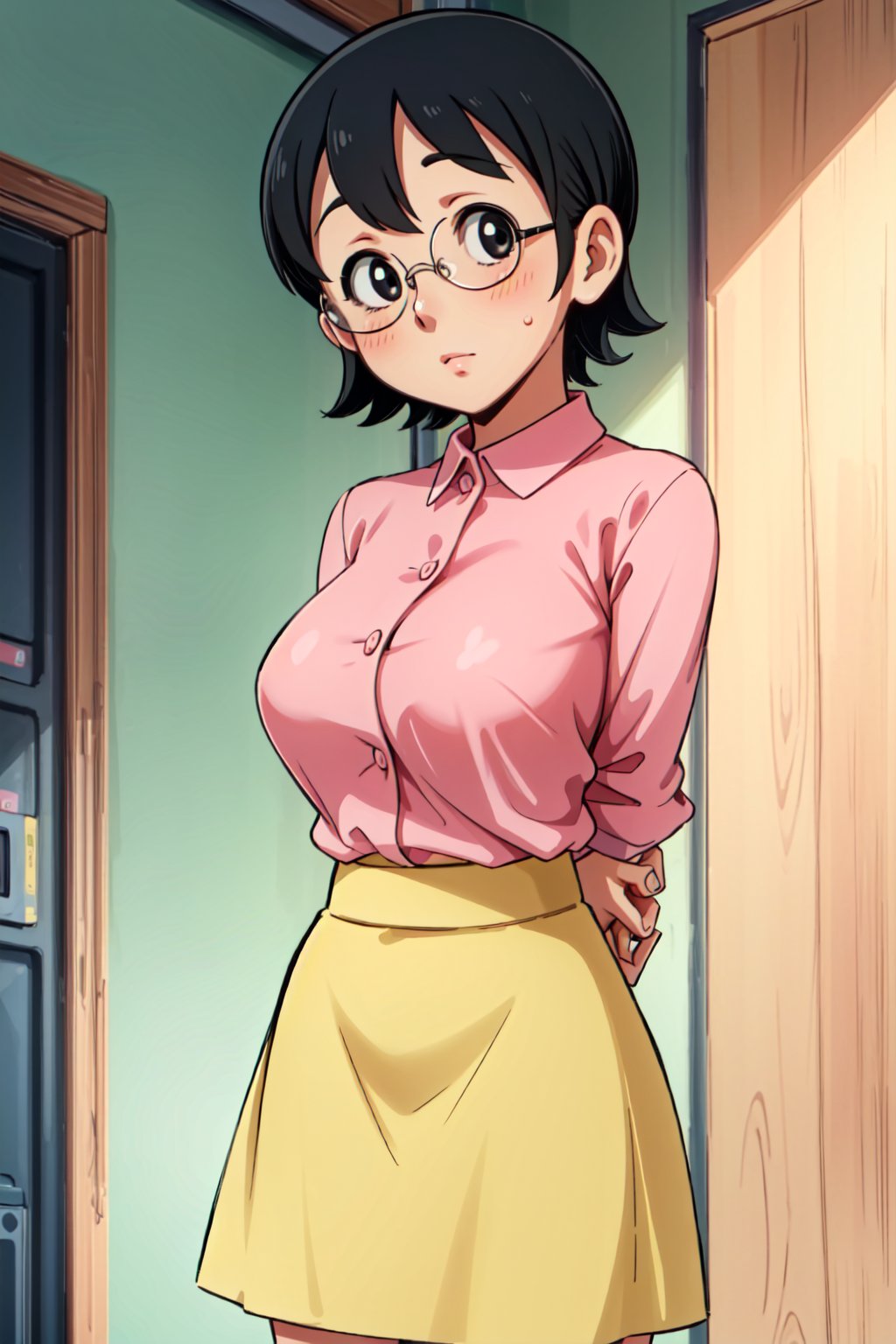 (1girl, solo, 38yo,  Tamako_nobi, mature woman, short hair, black hair, (glasses), black eyes,large breasts,(pink shirt, yellow skirt, arms behind back), standing, looking at viewer)