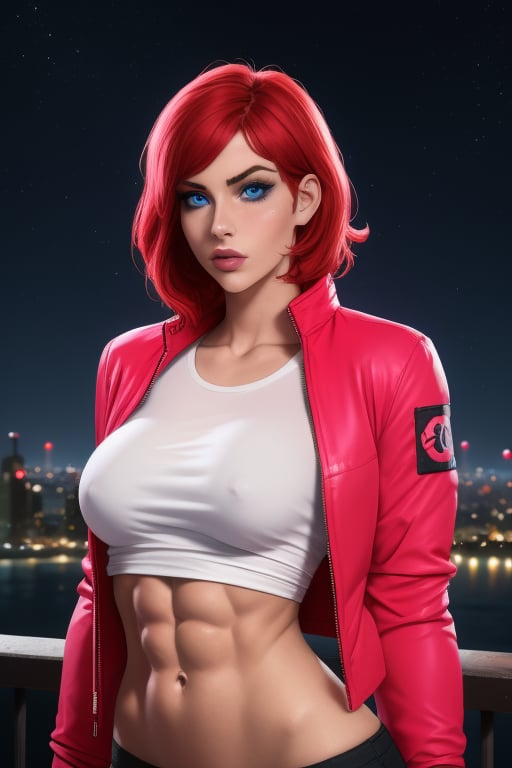 A close-up Sarina Valentina, a beutiful woman, 26 years old, pale skin female, short red hair, blue eyes,  big breasts, ripped abs, muscular arms, wide hips. Wears a red_pink jacket, silver t-shirt. In the background at night city, night sky, neon lights. sciamano240, Color Booster, Sarina Valentina