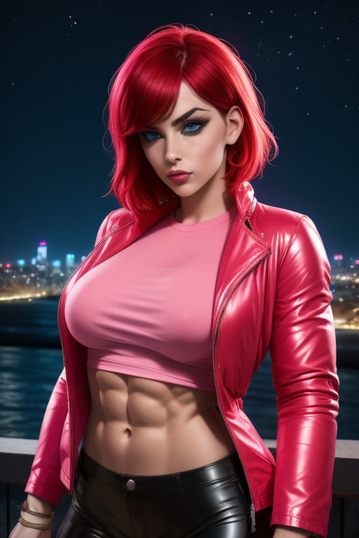 A close-up Sarina Valentina, a beutiful woman, 26 years old, pale skin female, short red hair, blue eyes,  big breasts, ripped abs, muscular arms, wide hips. Wears a red_pink jacket, silver t-shirt. In the background at night city, night sky, neon lights. sciamano240, Color Booster, Sarina Valentina