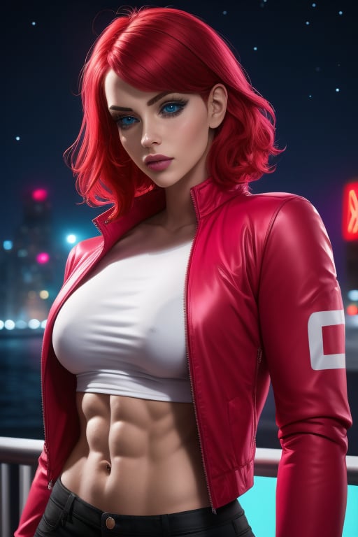 A close-up Sarina Valentina, a beutiful woman, 26 years old, pale skin female, short red hair, blue eyes,  big breasts, ripped abs, muscular arms, wide hips. Wears a red_pink jacket, silver t-shirt. In the background at night city, night sky, neon lights. sciamano240, Color Booster, Sarina Valentina