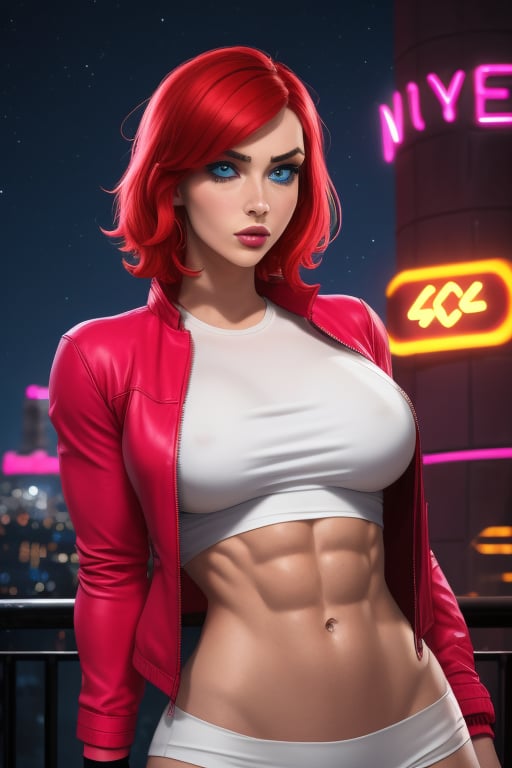 A close-up Sarina Valentina, a beutiful woman, 26 years old, pale skin female, short red hair, blue eyes,  big breasts, ripped abs, muscular arms, wide hips. Wears a red_pink jacket, silver t-shirt. In the background at night city, night sky, neon lights. sciamano240, Color Booster, Sarina Valentina