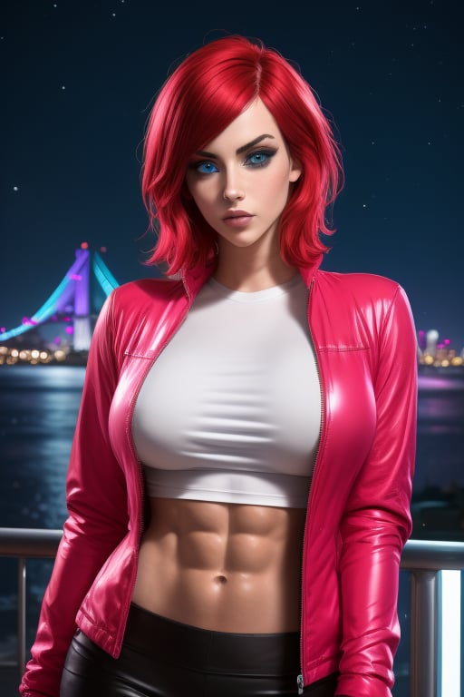 A close-up Sarina Valentina, a beutiful woman, 26 years old, pale skin female, short red hair, blue eyes,  big breasts, ripped abs, muscular arms, wide hips. Wears a red_pink jacket, silver t-shirt. In the background at night city, night sky, neon lights. sciamano240, Color Booster, Sarina Valentina