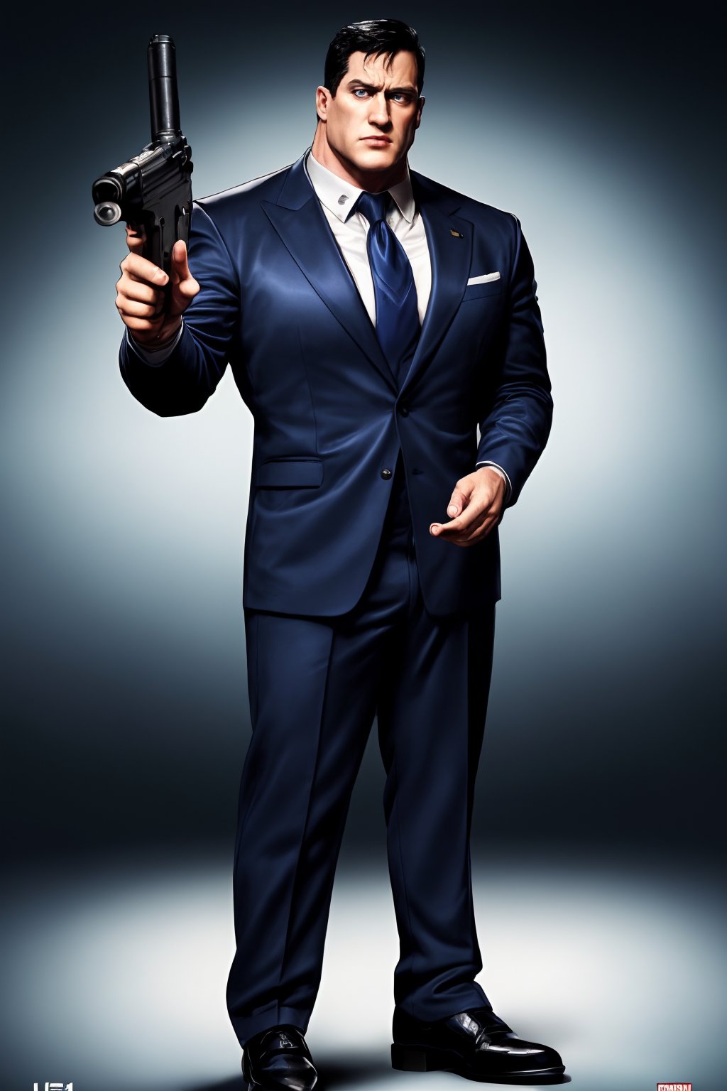 cinematic film still (best quality, masterpiece:1.2), photorealistic, ultra high res, front lighting, intricate detail, Exquisite details and textures, s1male, black hair, big chin, blue navy suit, black tie, black shoes, muscular, tall, blue eyes ,Stansmith, pointing a gun to the viewer with a 45mm gun