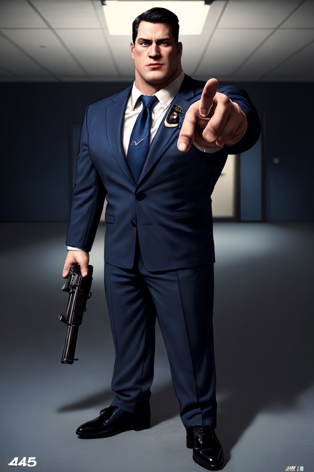 cinematic film still (best quality, masterpiece:1.2), photorealistic, ultra high res, front lighting, intricate detail, Exquisite details and textures, s1male, black hair, big chin, blue navy suit, black tie, black shoes, muscular, tall, blue eyes ,Stansmith, pointing a gun to the viewer, a 45mm gun