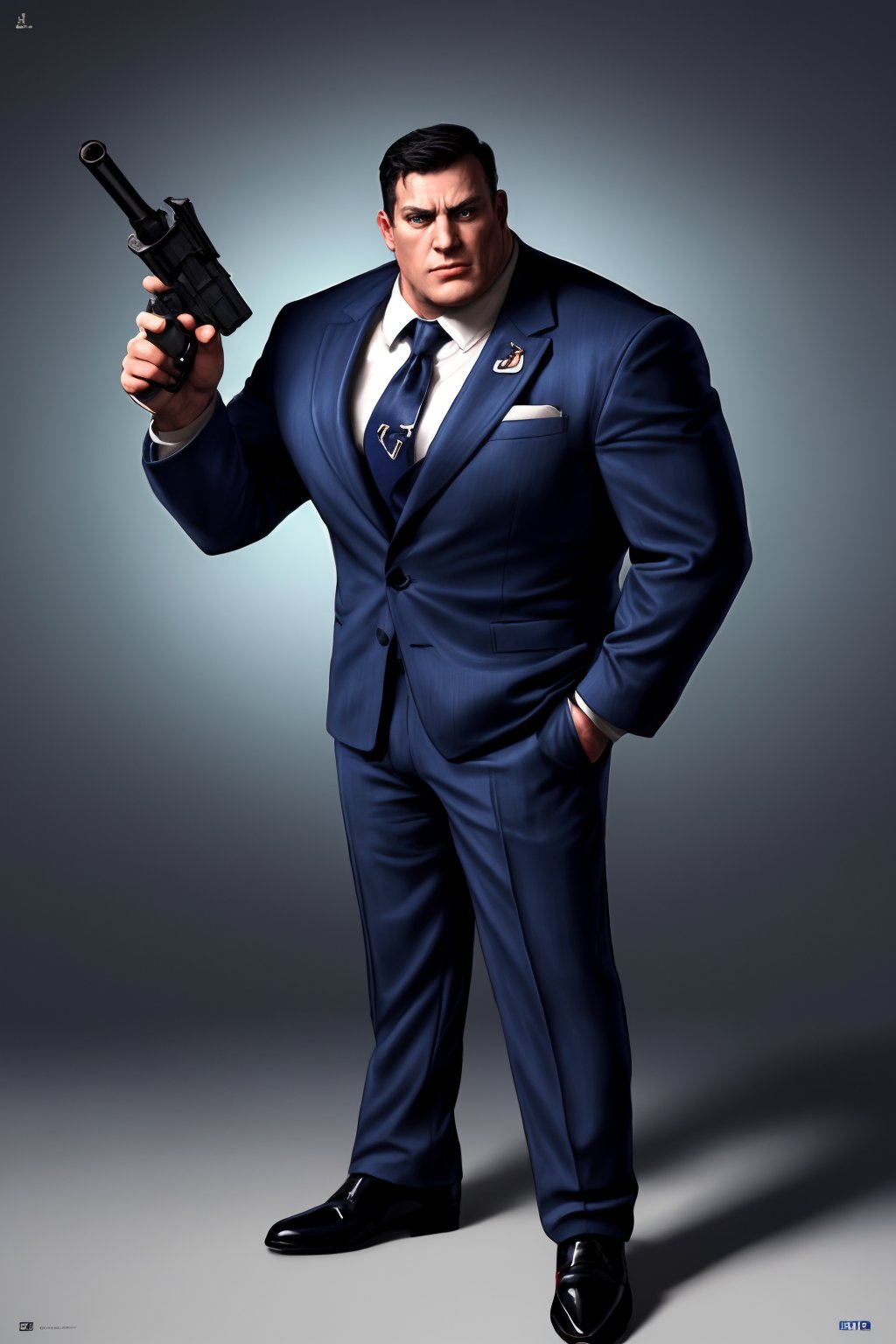 cinematic film still (best quality, masterpiece:1.2), photorealistic, ultra high res, front lighting, intricate detail, Exquisite details and textures, s1male, black hair, big chin, blue navy suit, black tie, black shoes, muscular, tall, blue eyes ,Stansmith, pointing a gun to the viewer with a 45mm gun