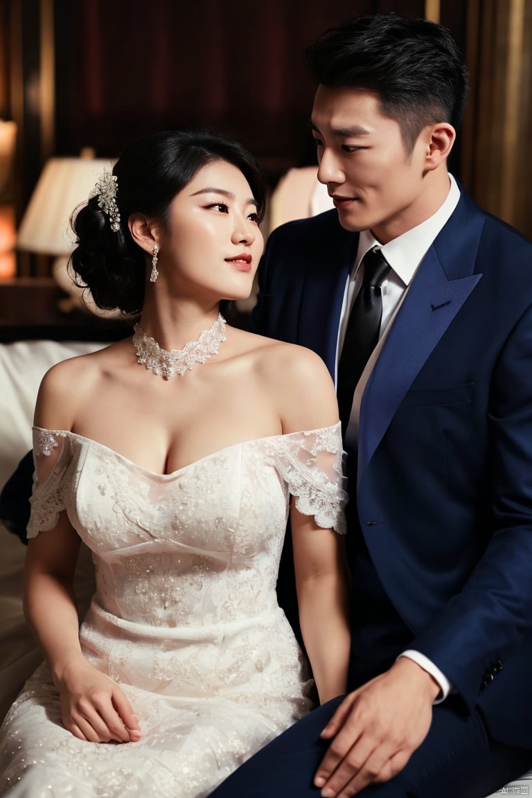 1man and 1woman,cuddling,Asian,exquisite facial features,charming,affectionate,(muscular handsome man wearing formal suit,)BREAK(pretty woman wearing wedding_dress,off shoulders,neck lace),Volumetric lighting,full shot,High-end fashion photoshoot,(masterpiece, realistic, best quality, highly detailed),jzns,plns,pjcouple