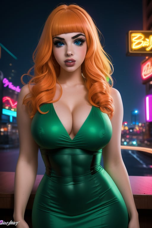 A close-up Bailey Jay, a beutiful woman, 26 years old, long orange rainbow hair, blue eyes,  big breasts, ripped abs, muscular arms, wide hips. Wears a green and black dress. In the background at night city, night sky, neon lights. sciamano240, Color Booster, Bailey Jay