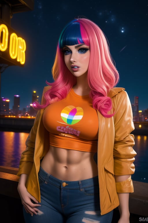 A close-up Bailey Jay, a beutiful woman, 26 years old, long pink rainbow hair, blue eyes,  big breasts, ripped abs, muscular arms, wide hips. Wears a beige jacket, orange t-shirt. In the background at night city, night sky, neon lights. sciamano240, Color Booster, Bailey Jay