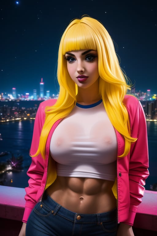 A close-up Bailey Jay, a beutiful woman, 26 years old, long blonde rainbow hair, blue eyes,  big breasts, ripped abs, muscular arms, wide hips. Wears a pink jacket, white t-shirt. In the background at night city, night sky, neon lights. sciamano240, Color Booster, Bailey Jay