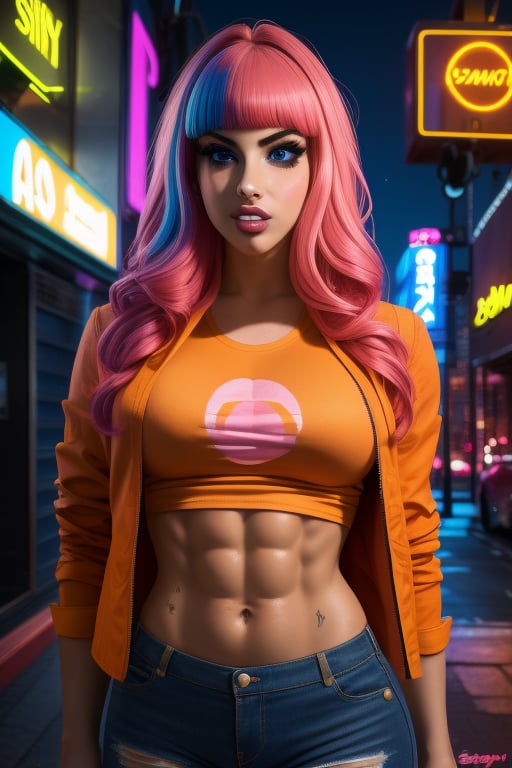 A close-up Bailey Jay, a beutiful woman, 26 years old, long pink rainbow hair, blue eyes,  big breasts, ripped abs, muscular arms, wide hips. Wears a beige jacket, orange t-shirt. In the background at night city, night sky, neon lights. sciamano240, Color Booster, Bailey Jay