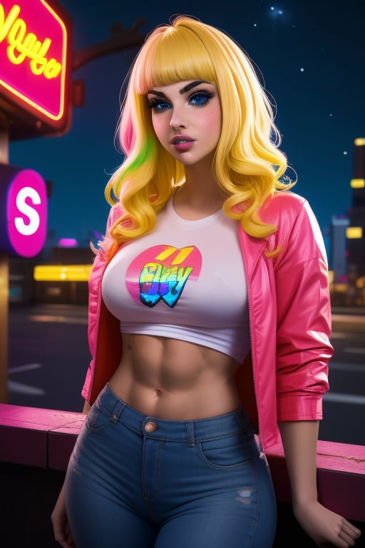 A close-up Bailey Jay, a beutiful woman, 26 years old, long light_blonde rainbow hair, blue eyes,  big breasts, ripped abs, muscular arms, wide hips. Wears a pink jacket, white t-shirt. In the background at night city, night sky, neon lights. sciamano240, Color Booster, Bailey Jay