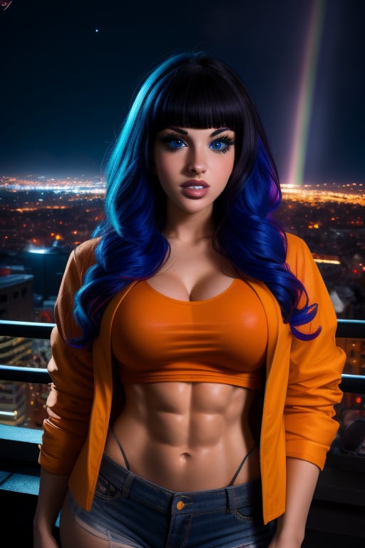 A close-up Bailey Jay, a beutiful woman, 26 years old, long rainbow hair, blue eyes,  big breasts, ripped abs, muscular arms, wide hips. Wears a beige jacket, orange t-shirt. In the background at night city, night sky, neon lights. sciamano240, Color Booster, Bailey Jay