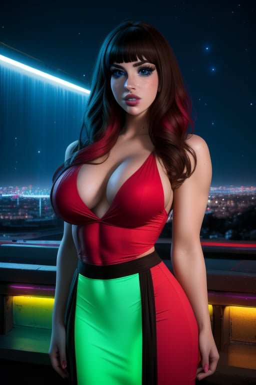 A close-up Bailey Jay, a beutiful woman, 26 years old, long light_brown rainbow hair, blue eyes,  big breasts, ripped abs, muscular arms, wide hips. Wears a red and black dress. In the background at night city, night sky, neon lights. sciamano240, Color Booster, Bailey Jay