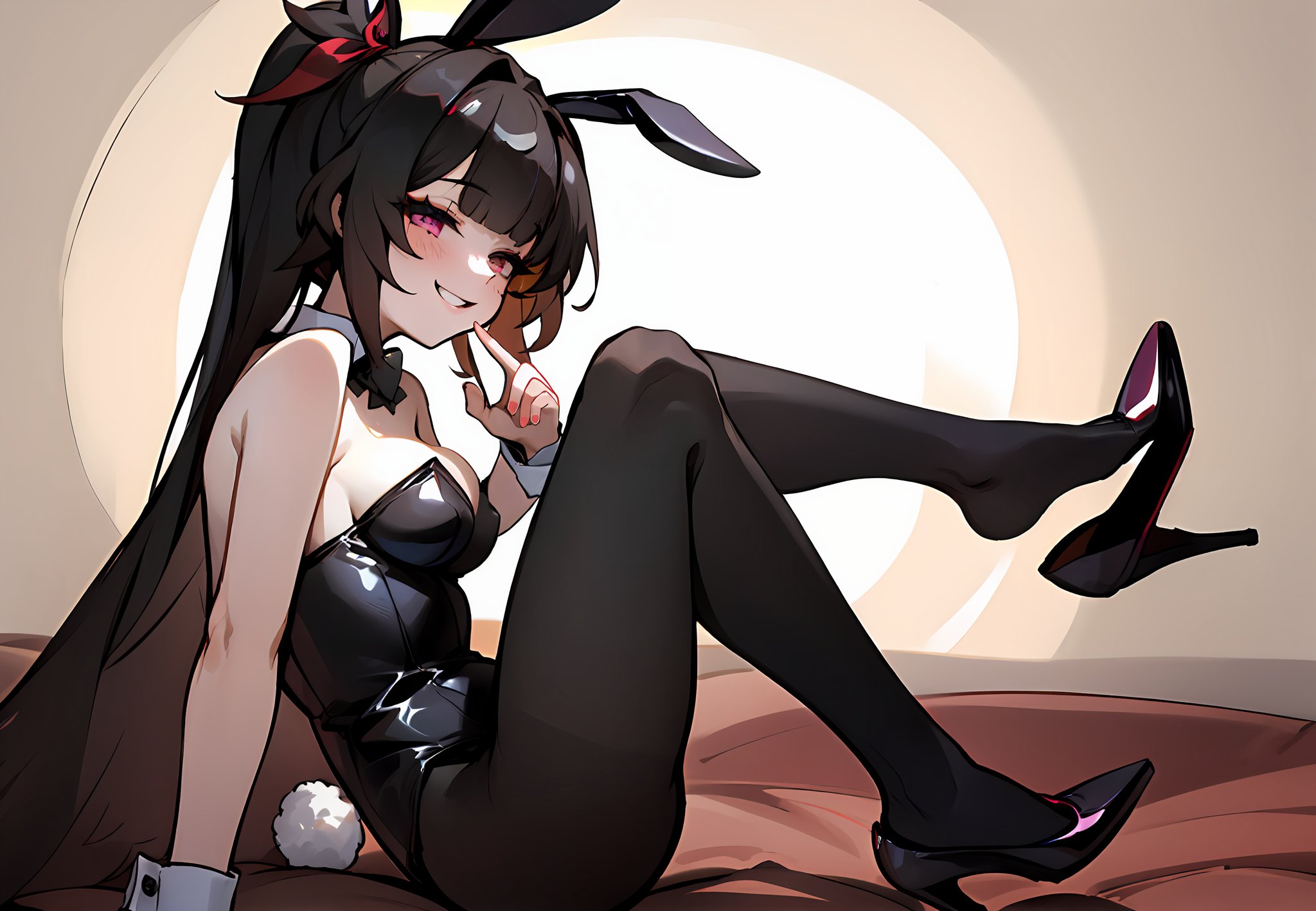 ((masterpiece,best quality)), 1girl, sparklehsr, rabbit ears, playboy bunny, black pantyhose, high heels, shoe dangle, grin, sitting, from side, half-closed eyes, finger to mouth,  <lora:half-closed_eyes:1>