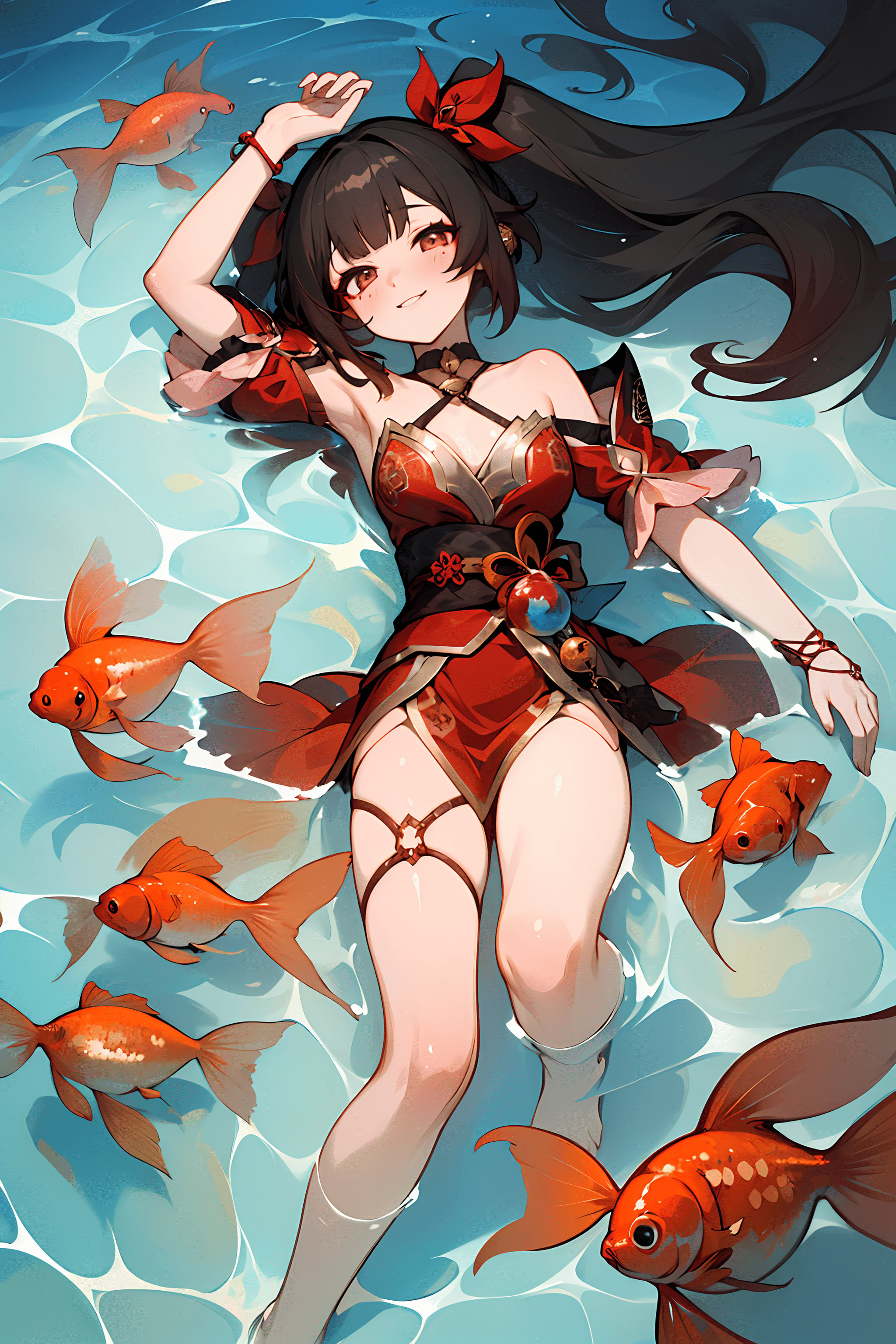 ((masterpiece,best quality)), 1girl, sparklehsr, lying on water, bracelet, thigh strap, barefoot, knee up, from above, blush, smile, goldfish,