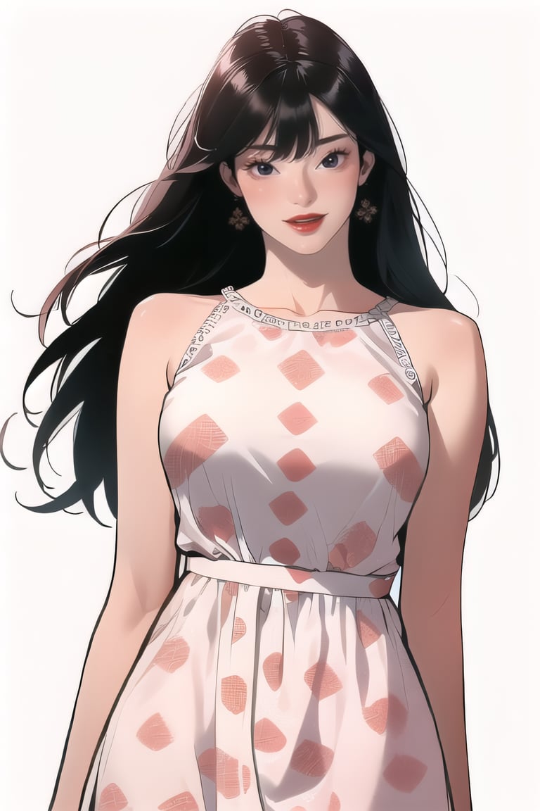 1girl,duna,black hair,solo,looking_at_viewer,dress,pattern_dress, blushing ,lipstick,makeup,white background,earrings,toned,cowboy_shot,pattern_dress,unlock