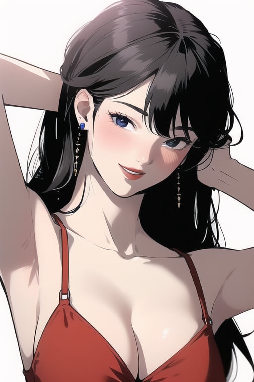 black hair, duna, 1girl, solo, long hair, looking at viewer, blush, smile, blue eyes, simple background, white background, dress, cleavage, jewelry, upper body, earrings, parted lips, red dress, arm behind head, hand in own hair