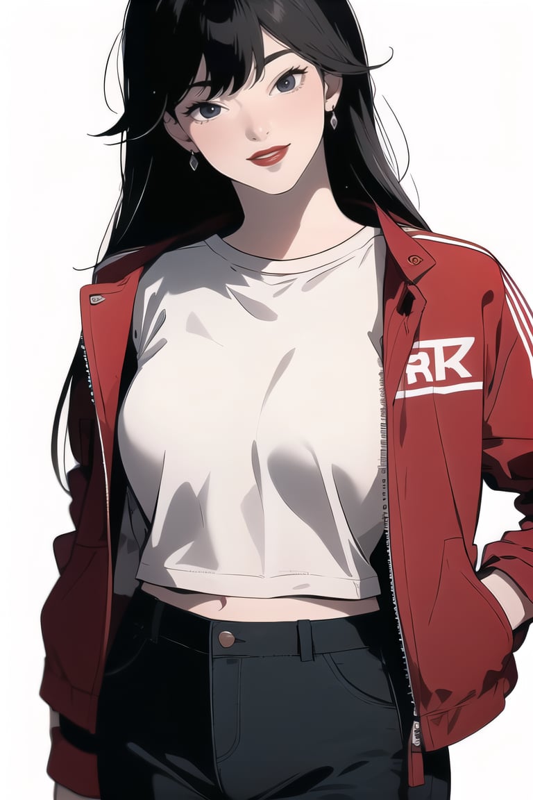 1girl,duna,black hair,solo,looking_at_viewer,red_jacket,black_tshirt,,cargo_trousers, blushing ,lipstick,makeup,white background,earrings,toned,cowboy_shot,tshirt
