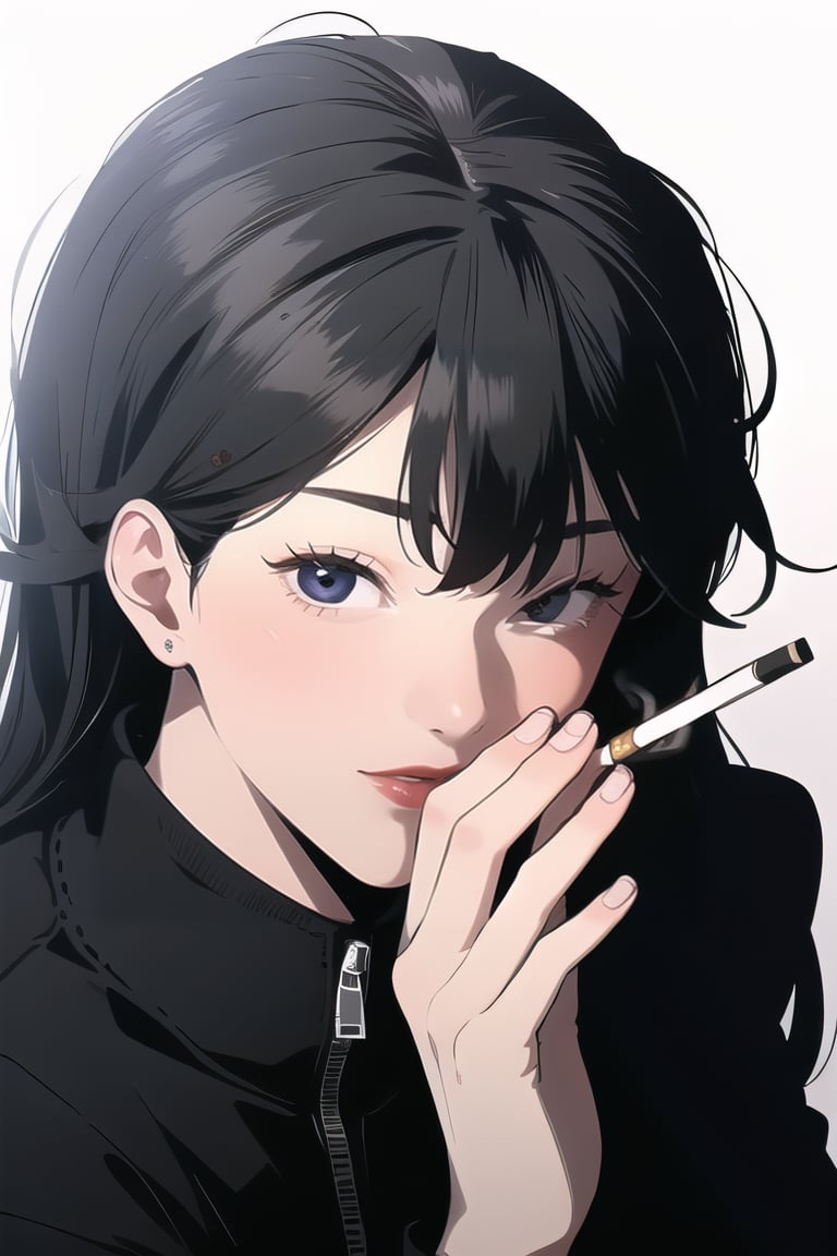 1girl,duna,black hair,parted lips,lipstick,blue eyes, smoking cigarette,smoking,cigarette in mouth,black jacket,looking_at_viewer,smoke