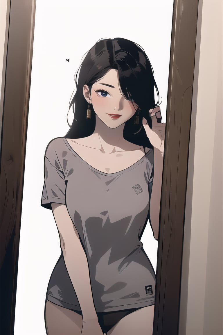 1girl,hair_over_one_eye,duna,black hair,solo,looking_at_viewer,doing_makeup,dynamic_pose,mirror, blushing ,lipstick,makeup,earrings,toned,cowboy_shot,mirror,in_front_of_mirror